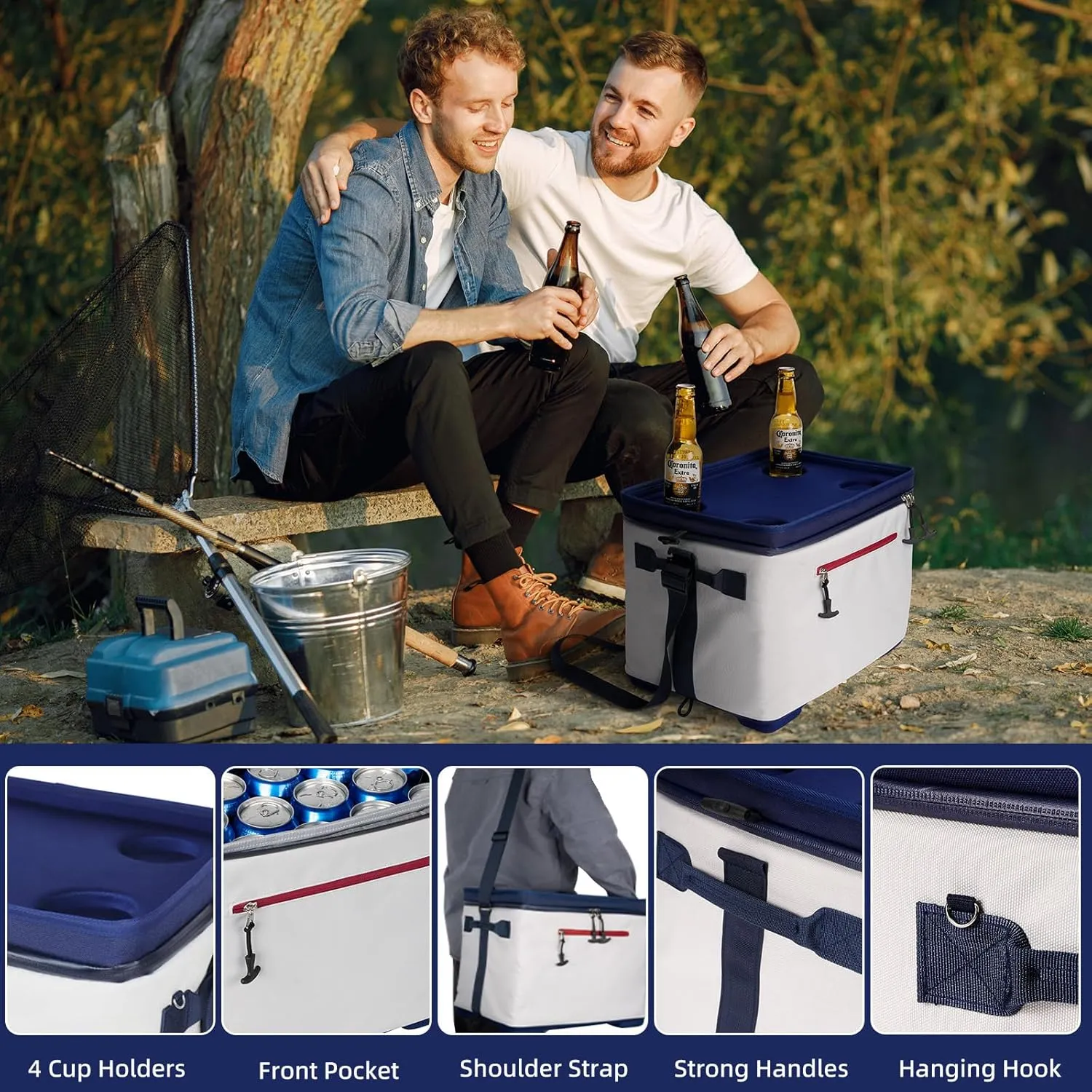40Can Collapsible Cooler Box, Versatile Insulated Leakproof Cooler Bag with Hard Inserts and 4 Cup Holders, Large Ice Chest for Beach, Travel, Camping, Picnic