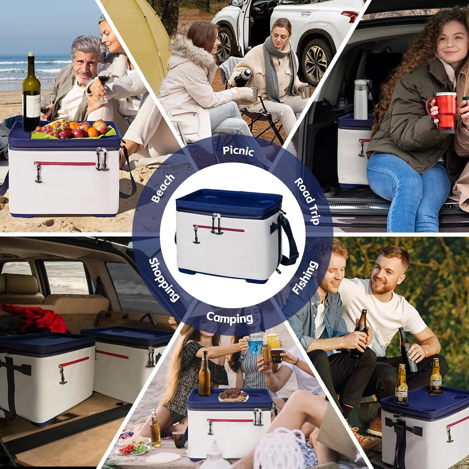 40Can Collapsible Cooler Box, Versatile Insulated Leakproof Cooler Bag with Hard Inserts and 4 Cup Holders, Large Ice Chest for Beach, Travel, Camping, Picnic