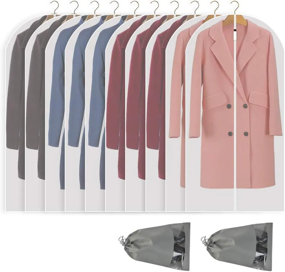 48" Garment Bags for Hanging Clothes, 10 Packs Suit Bags for Closet Storage, Plastic Waterproof Suit Cover Bags with Zipper for Coats, Jackets, Shirts (Set of 10)