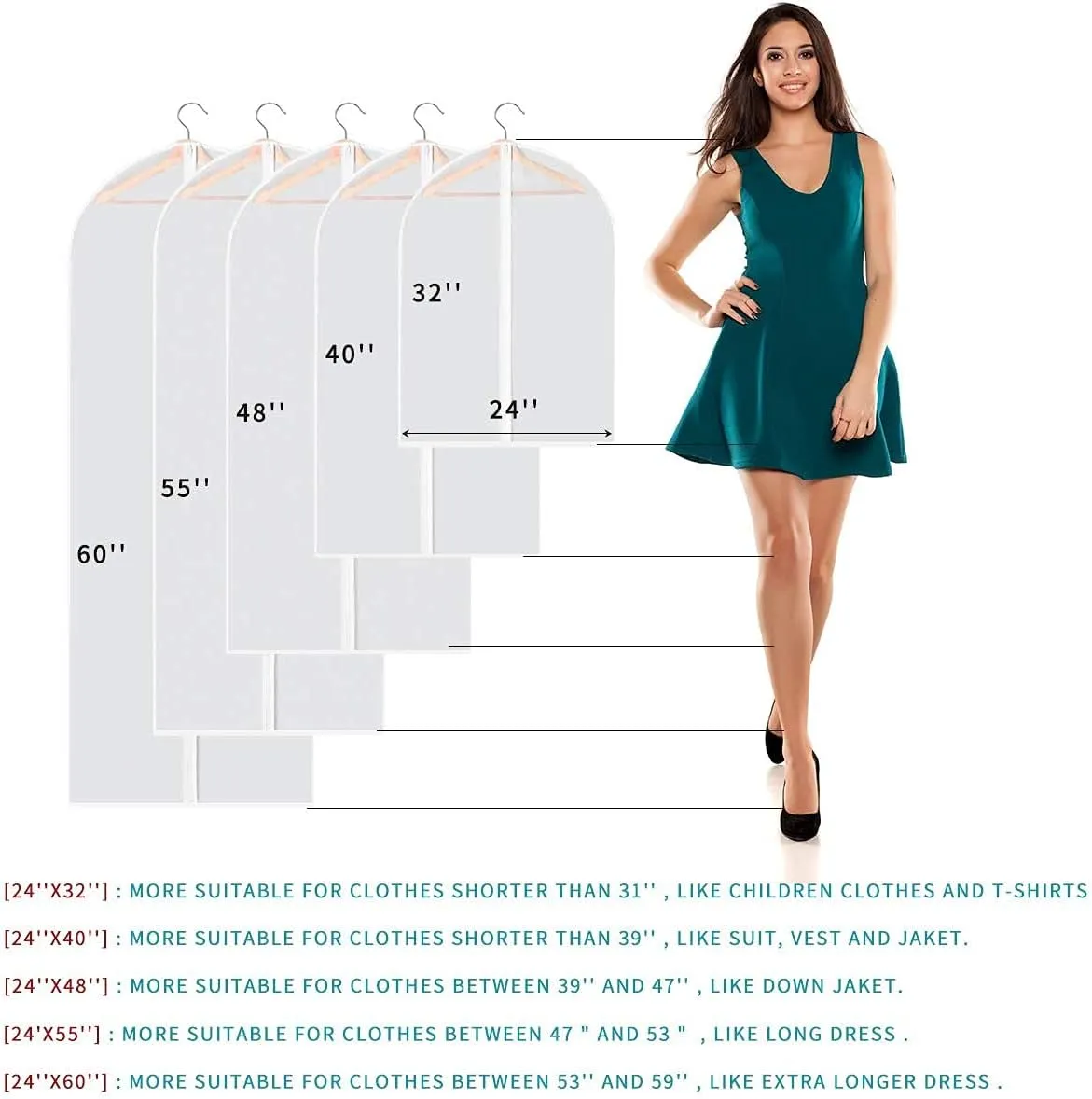 48" Garment Bags for Hanging Clothes, 10 Packs Suit Bags for Closet Storage, Plastic Waterproof Suit Cover Bags with Zipper for Coats, Jackets, Shirts (Set of 10)