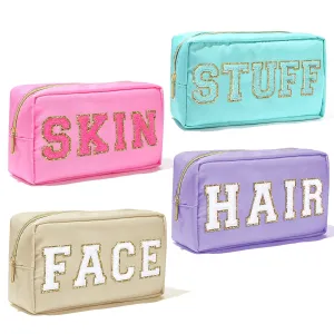 4Pcs Nylon Preppy Makeup Bag Chenille Letter Cosmetic Bag Pouch Zipper Preppy Travel Organization Waterproof Hair Bag with Patches Toiletry Bag Bluk for Women(SKIN STUFF HAIR FACE)