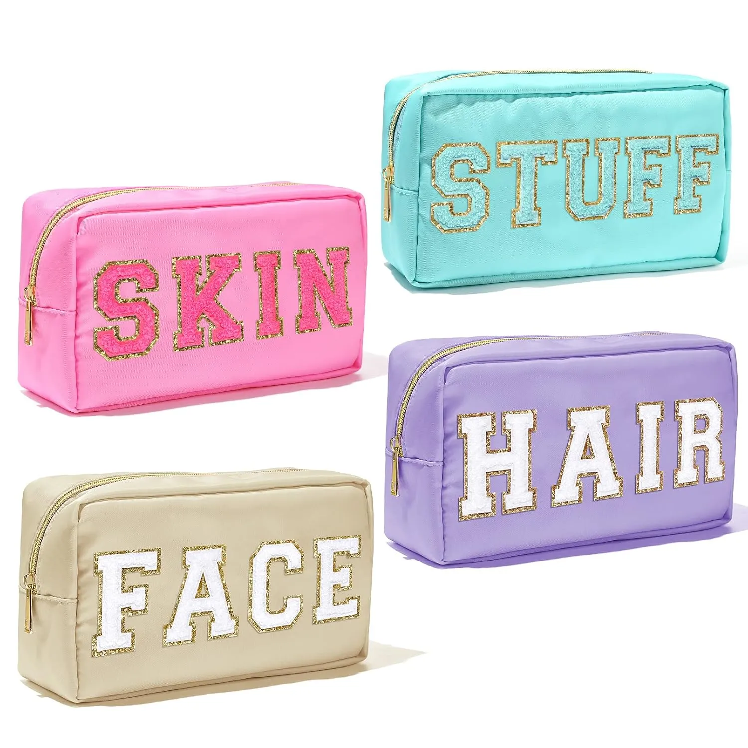 4Pcs Nylon Preppy Makeup Bag Chenille Letter Cosmetic Bag Pouch Zipper Preppy Travel Organization Waterproof Hair Bag with Patches Toiletry Bag Bluk for Women(SKIN STUFF HAIR FACE)