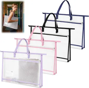 4Pcs Project Bag for Quilting A3 Clear Mesh Zipper Bag Craft Storage Organizer for Artwork Charts Teaching (17.8×13 Inch)