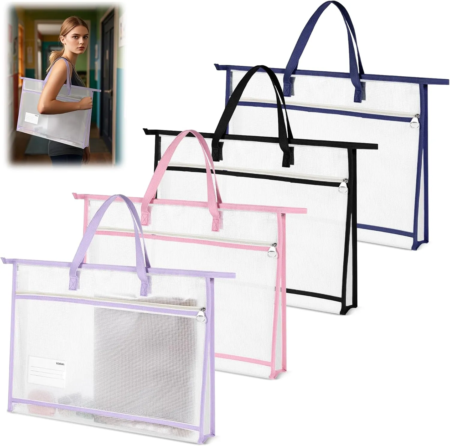 4Pcs Project Bag for Quilting A3 Clear Mesh Zipper Bag Craft Storage Organizer for Artwork Charts Teaching (17.8×13 Inch)