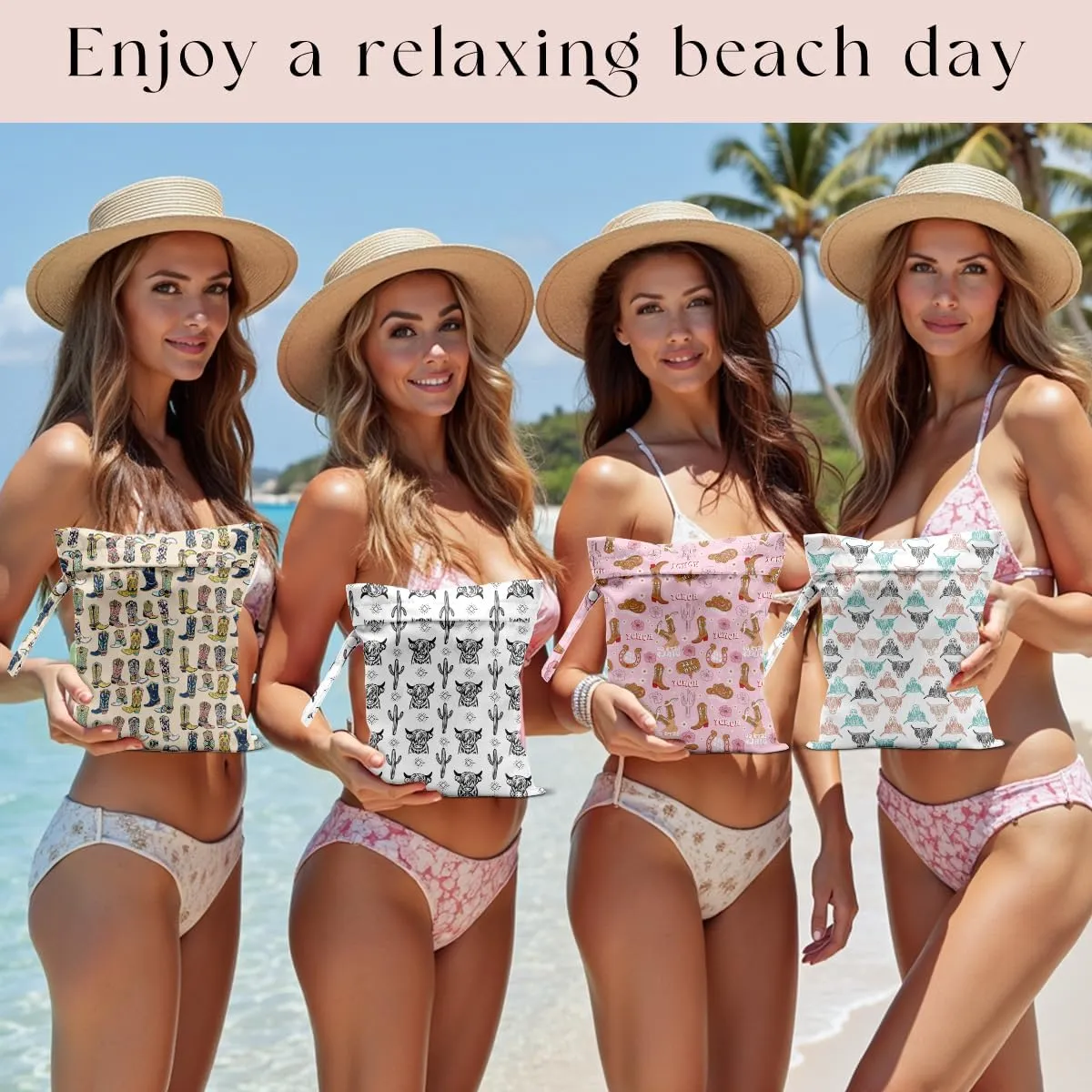4Pcs Waterproof Wet Bag for Swimsuit, Travel Beach Wet Dry Bag, Hidden Zipper Reusable Western Cowgirl Decor, for Travel Beach Wet Swimsuits Toiletries Diapers Laundry Bag