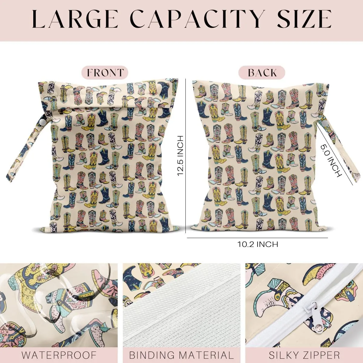 4Pcs Waterproof Wet Bag for Swimsuit, Travel Beach Wet Dry Bag, Hidden Zipper Reusable Western Cowgirl Decor, for Travel Beach Wet Swimsuits Toiletries Diapers Laundry Bag