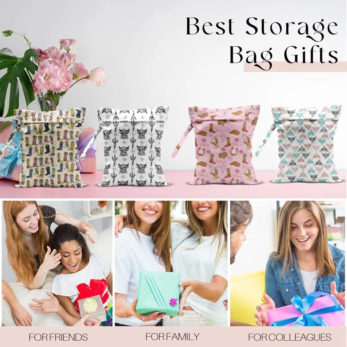 4Pcs Waterproof Wet Bag for Swimsuit, Travel Beach Wet Dry Bag, Hidden Zipper Reusable Western Cowgirl Decor, for Travel Beach Wet Swimsuits Toiletries Diapers Laundry Bag