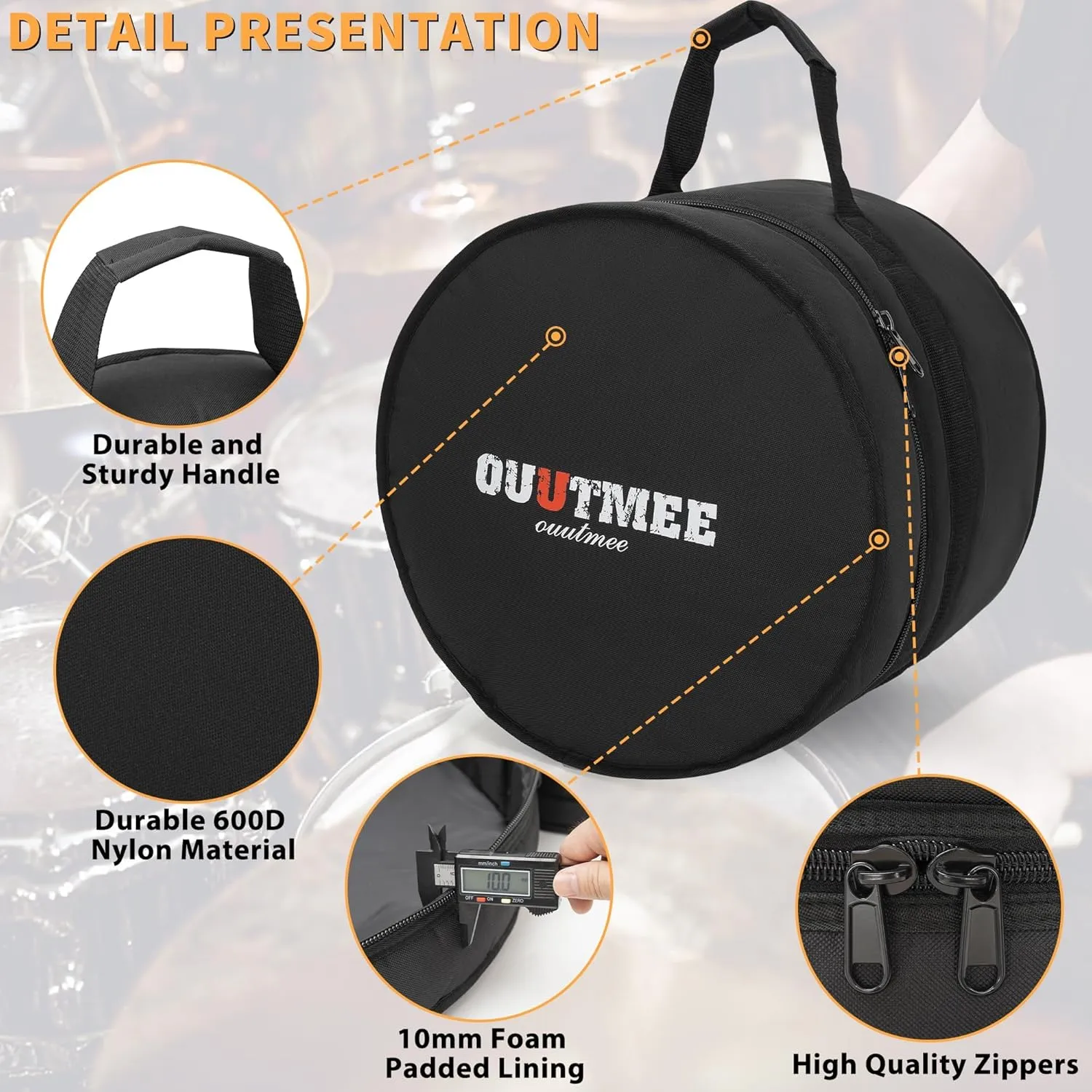 5 Piece 10mm Padded Drum Bag Set for 12" Tom, 13" Tom, 14" Snare, 16" Floor Tom, 22" Bass Drum Carrying Cases Cover