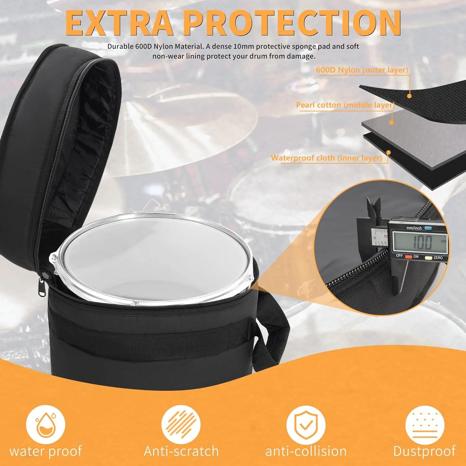 5 Piece 10mm Padded Drum Bag Set for 12" Tom, 13" Tom, 14" Snare, 16" Floor Tom, 22" Bass Drum Carrying Cases Cover