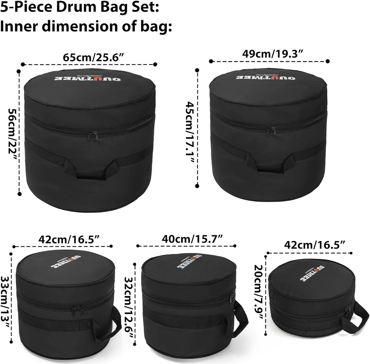 5 Piece 10mm Padded Drum Bag Set for 12" Tom, 13" Tom, 14" Snare, 16" Floor Tom, 22" Bass Drum Carrying Cases Cover