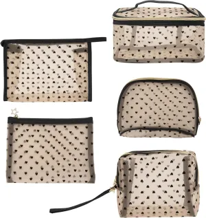 5 Pieces Mesh Makeup Bags, Portable Heart Print Mesh Cosmetic Bag with Zipper, Travel Toiletry Bag for Home Office Travel Accessories (Beige)