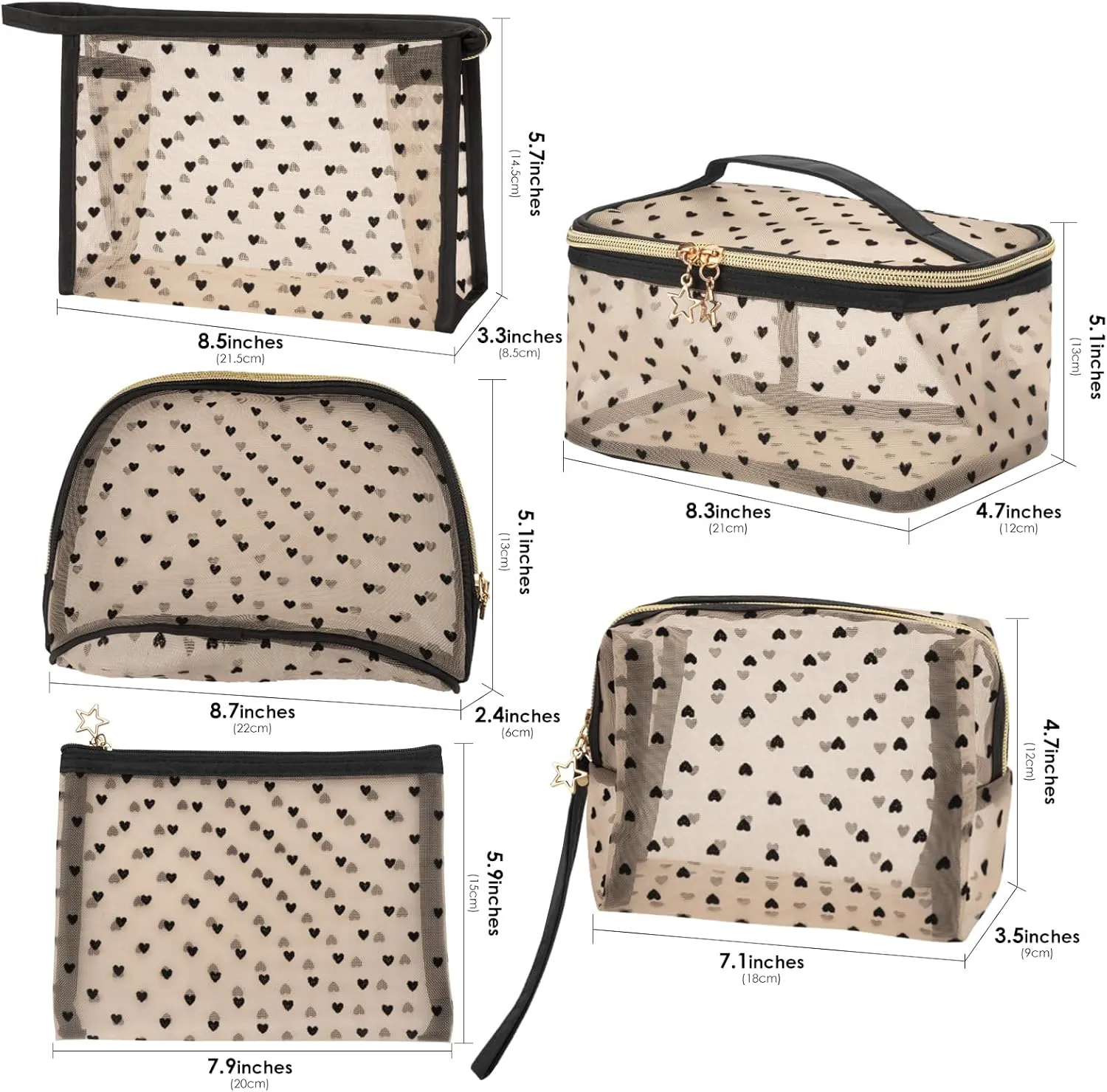 5 Pieces Mesh Makeup Bags, Portable Heart Print Mesh Cosmetic Bag with Zipper, Travel Toiletry Bag for Home Office Travel Accessories (Beige)