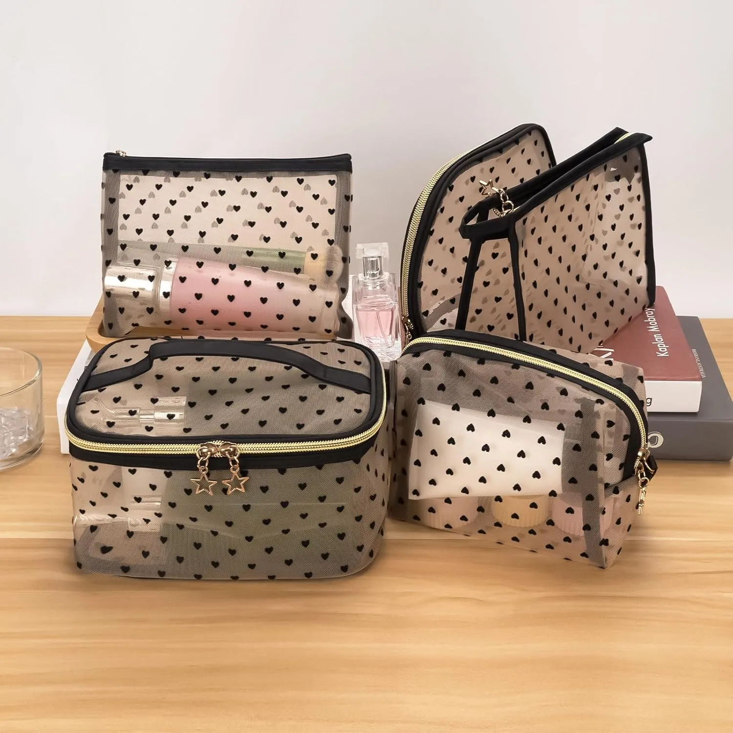 5 Pieces Mesh Makeup Bags, Portable Heart Print Mesh Cosmetic Bag with Zipper, Travel Toiletry Bag for Home Office Travel Accessories (Beige)