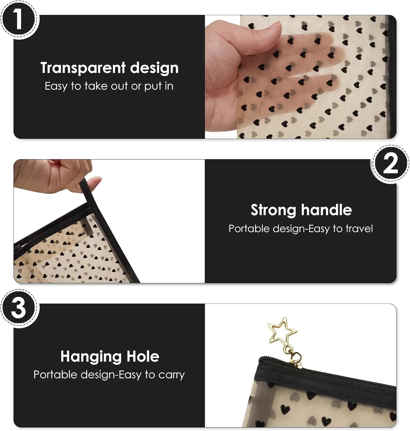 5 Pieces Mesh Makeup Bags, Portable Heart Print Mesh Cosmetic Bag with Zipper, Travel Toiletry Bag for Home Office Travel Accessories (Beige)
