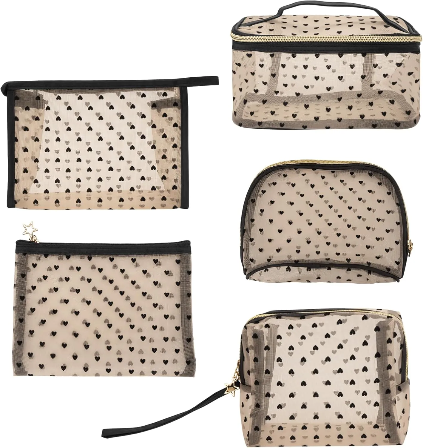 5 Pieces Mesh Makeup Bags, Portable Heart Print Mesh Cosmetic Bag with Zipper, Travel Toiletry Bag for Home Office Travel Accessories (Beige)