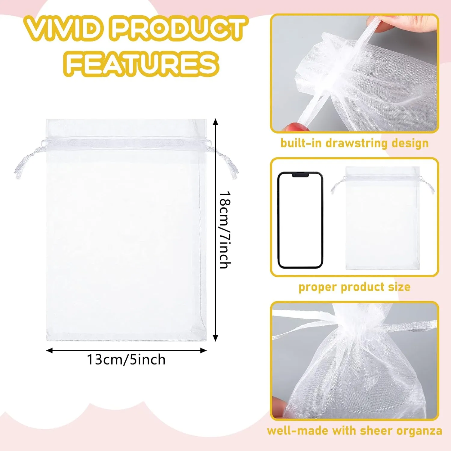 500 Pcs Organza Gift Bags Jewelry Small Mesh Drawstring Sachet Wedding Favor Bracelet Bags for Packaging Jewelry Pouches Small Gifts(5 x 7 Inch,White)