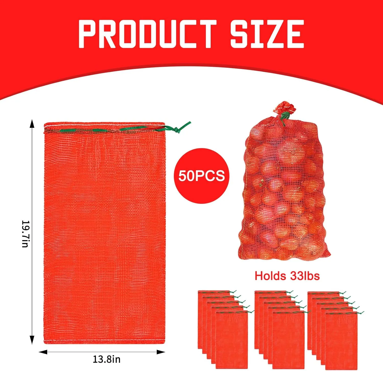 50pcs 20” x 14” Extra Large Mesh Produce Bags, 33 lbs Onion Washable Net Bags，Reusable Vegetable Storage, Pack of 50 (Bright Red, Compact Size - 33 lbs)
