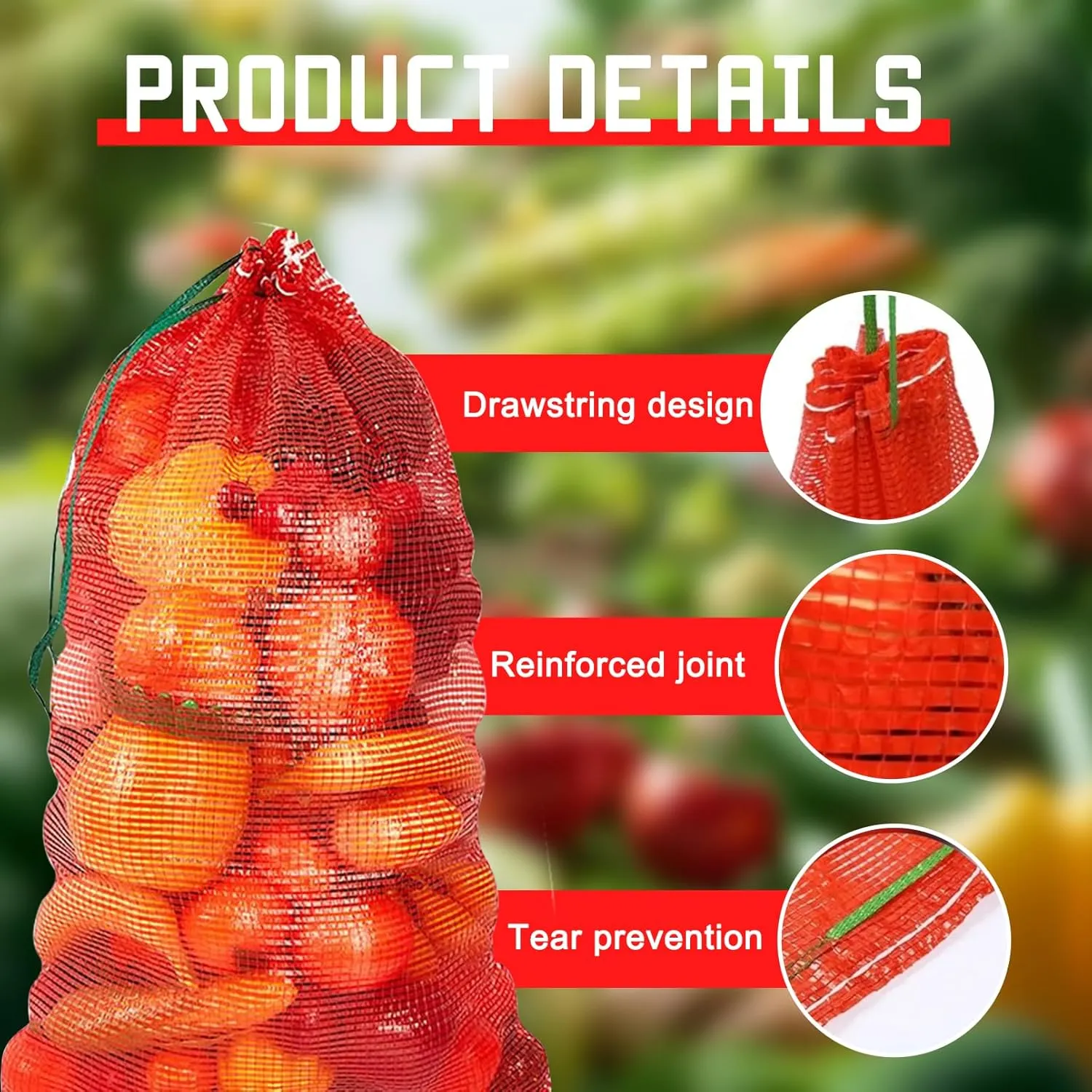 50pcs 20” x 14” Extra Large Mesh Produce Bags, 33 lbs Onion Washable Net Bags，Reusable Vegetable Storage, Pack of 50 (Bright Red, Compact Size - 33 lbs)