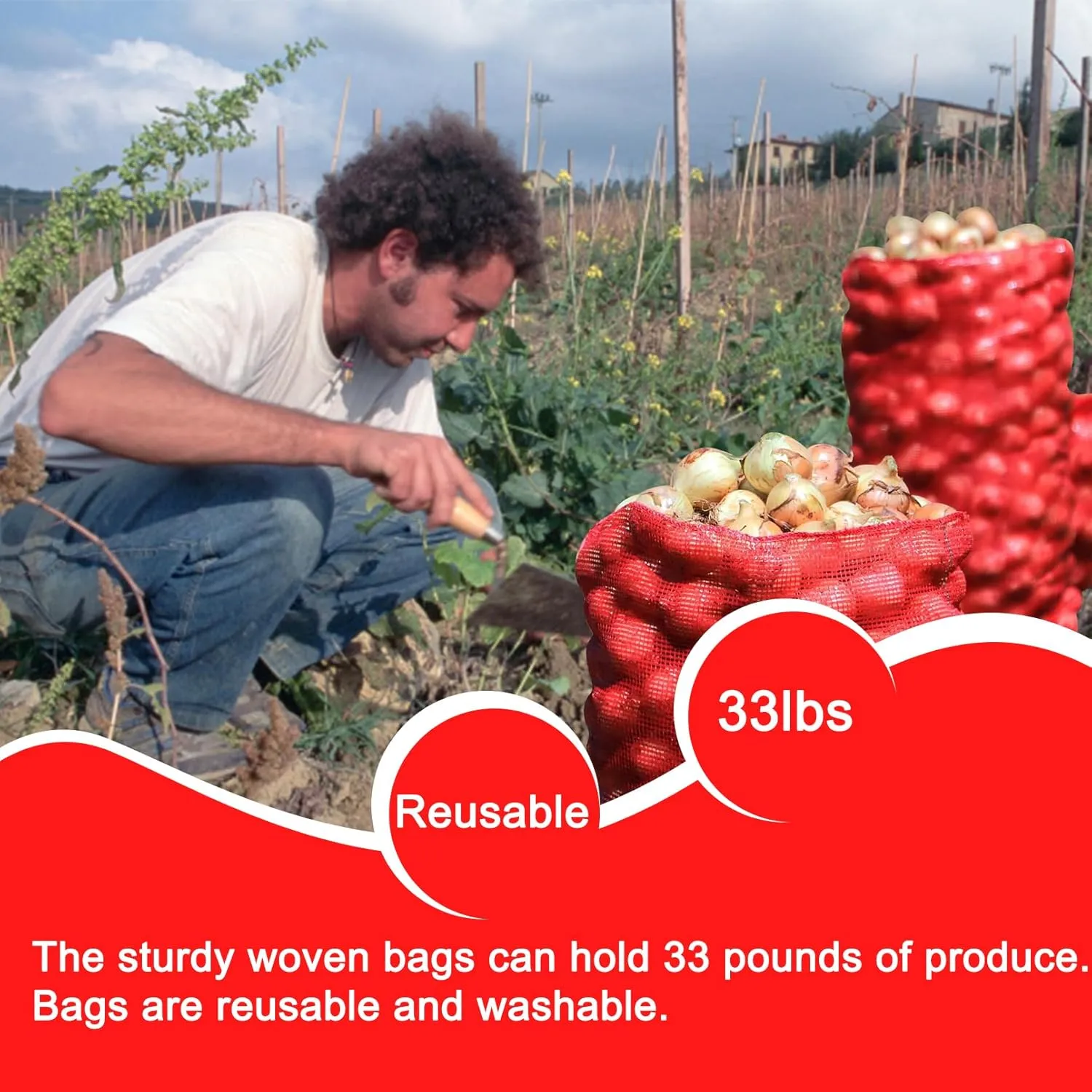 50pcs 20” x 14” Extra Large Mesh Produce Bags, 33 lbs Onion Washable Net Bags，Reusable Vegetable Storage, Pack of 50 (Bright Red, Compact Size - 33 lbs)