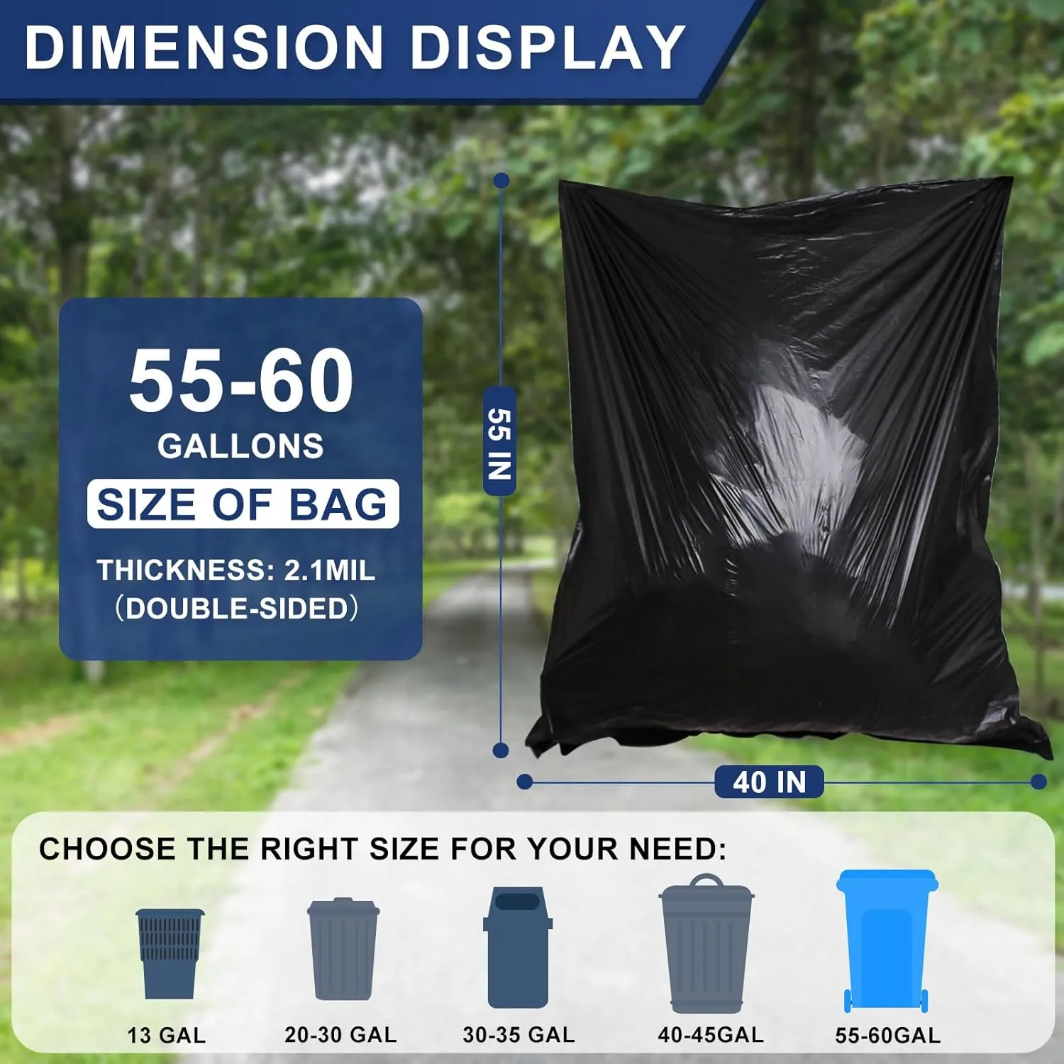 55-60 Gallon Trash Bags Heavy Duty 2.1 Mil - 39''x55'' 100 Count Extra Thick Black Garbage Bags Unscented Strong Huge Can Liners for Construction Industrial Yard Outdoor Commercial