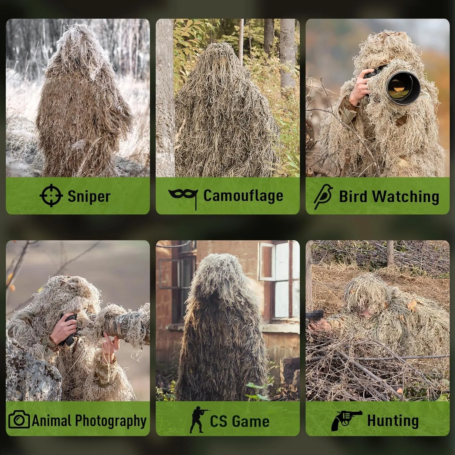 6 in 1 Ghillie Suit, 3D Camouflage Hunting Apparel Including Jacket, Pants, Hood, Carry Bag and Camo Tapes