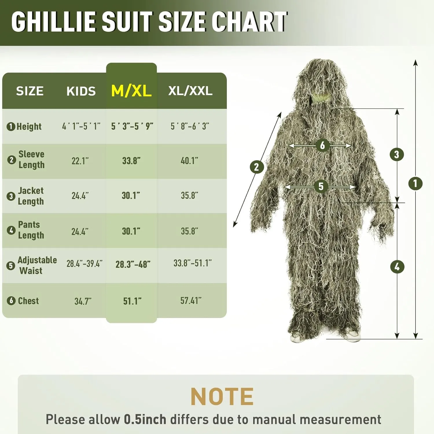 6 in 1 Ghillie Suit, 3D Camouflage Hunting Apparel Including Jacket, Pants, Hood, Carry Bag and Camo Tapes