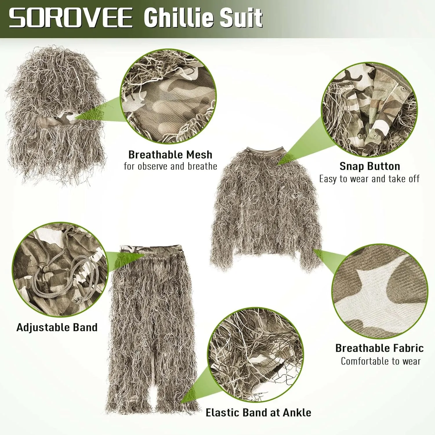 6 in 1 Ghillie Suit, 3D Camouflage Hunting Apparel Including Jacket, Pants, Hood, Carry Bag and Camo Tapes