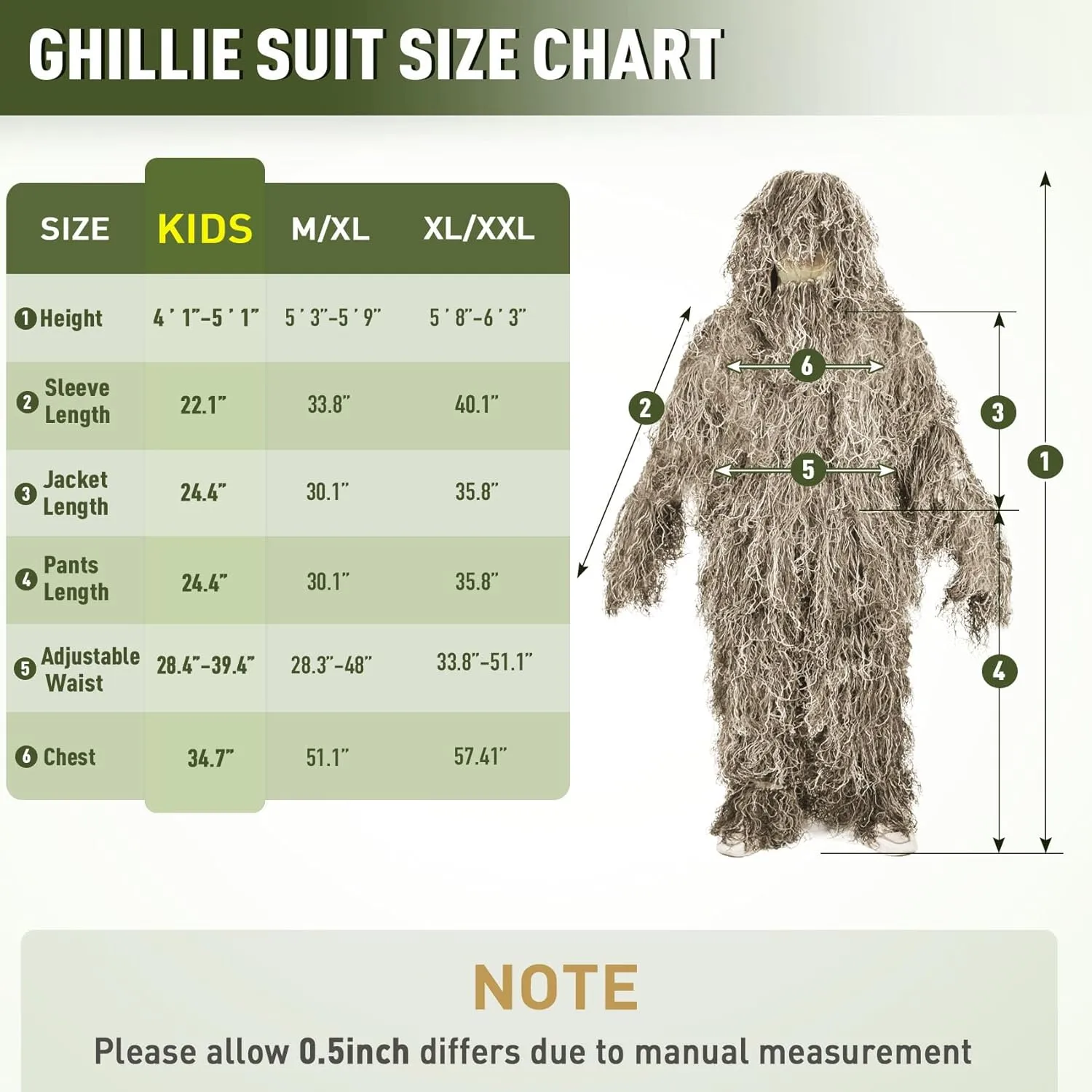 6 in 1 Ghillie Suit, 3D Camouflage Hunting Apparel Including Jacket, Pants, Hood, Carry Bag and Camo Tapes