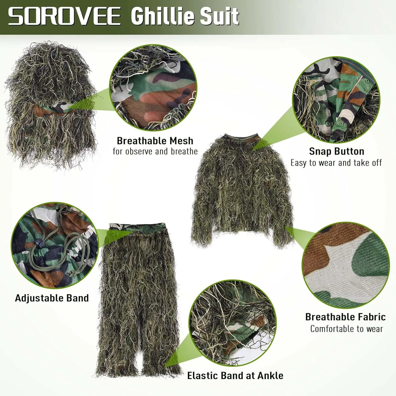 6 in 1 Ghillie Suit, 3D Camouflage Hunting Apparel Including Jacket, Pants, Hood, Carry Bag and Camo Tapes