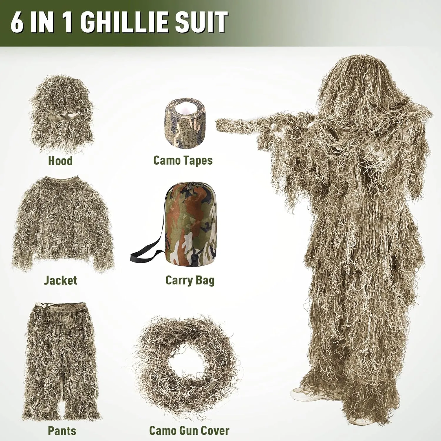 6 in 1 Ghillie Suit, 3D Camouflage Hunting Apparel Including Jacket, Pants, Hood, Carry Bag and Camo Tapes