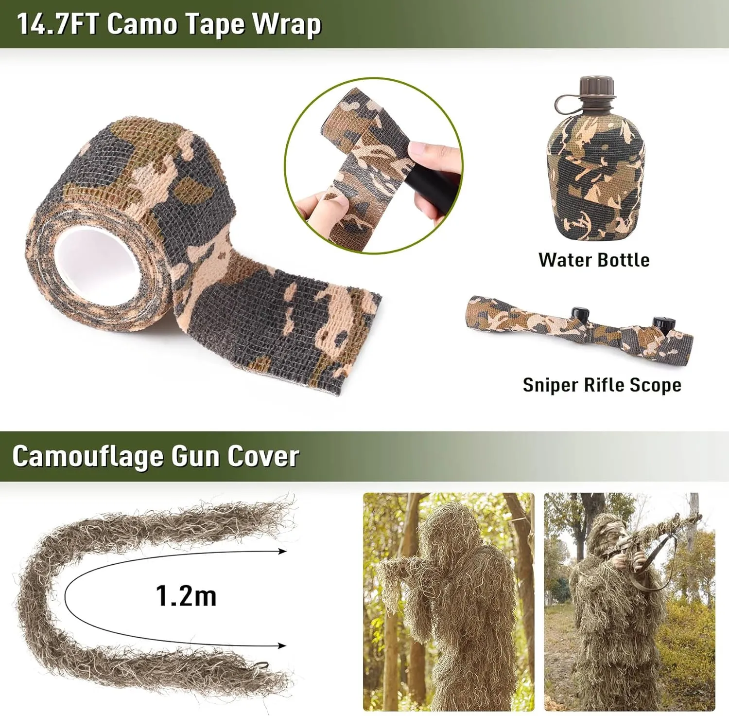 6 in 1 Ghillie Suit, 3D Camouflage Hunting Apparel Including Jacket, Pants, Hood, Carry Bag and Camo Tapes