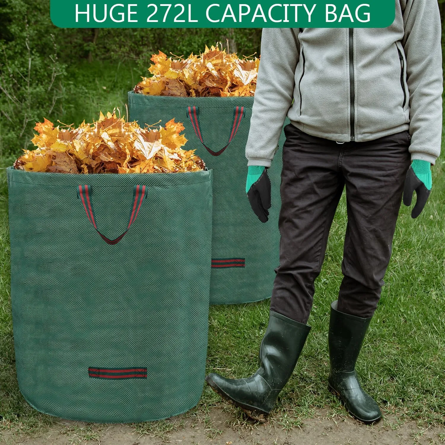 6 Pack 72 Gallons Reusable Garden Waste Bags with Coated Gloves, Heavy Duty Leaf Bags 4 Handles Lawn Yard Bags for Loading Leaf,Trash,Yard Waste Bags (H30" X D26")