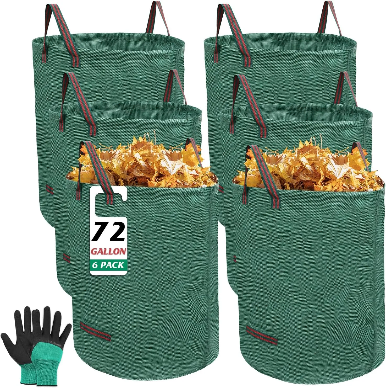 6 Pack 72 Gallons Reusable Garden Waste Bags with Coated Gloves, Heavy Duty Leaf Bags 4 Handles Lawn Yard Bags for Loading Leaf,Trash,Yard Waste Bags (H30" X D26")