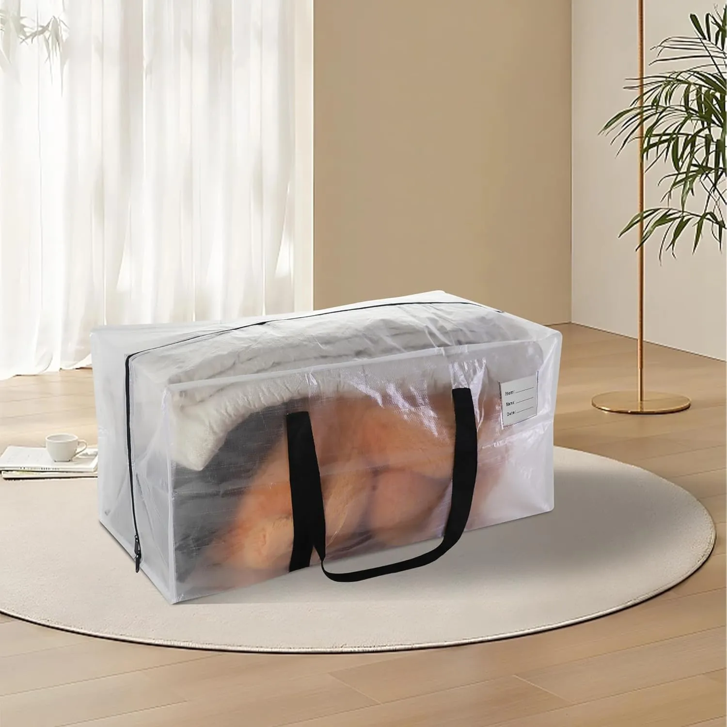 6 Pack Heavy Duty Extra Large Moving Bags with Black Handles, Waterproof Foldable Storage Totes, Clothing Storage Bags, Packing Moving Boxes for College Supplies & Seasonal Storage, Clear