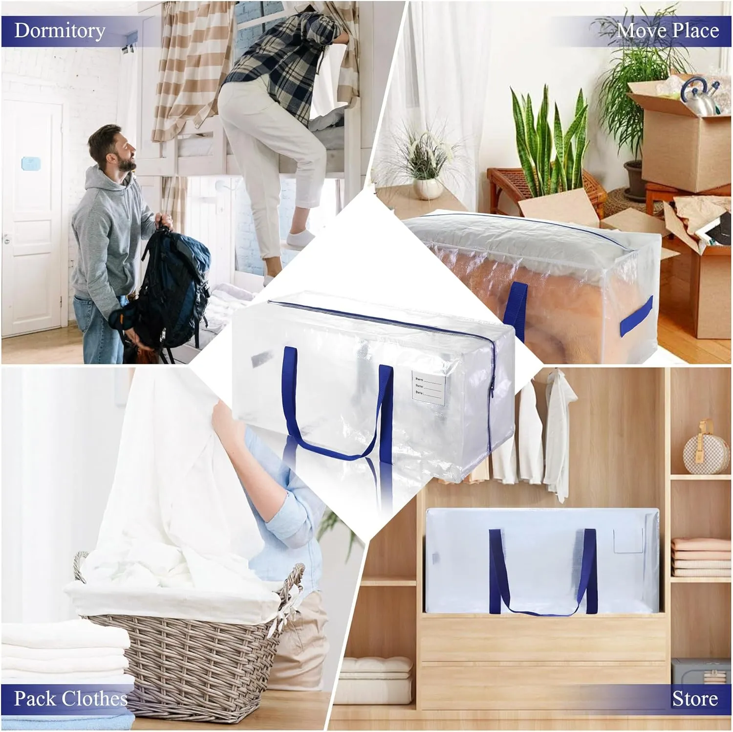 6 Pack Heavy Duty Extra Large Moving Bags with Blue Handles, Waterproof Foldable Storage Totes, Clothing Storage Bags, Packing Moving Boxes for College Supplies & Seasonal Storage, Clear