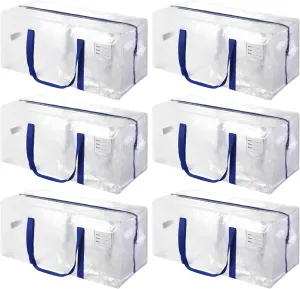 6 Pack Heavy Duty Extra Large Moving Bags with Blue Handles, Waterproof Foldable Storage Totes, Clothing Storage Bags, Packing Moving Boxes for College Supplies & Seasonal Storage, Clear
