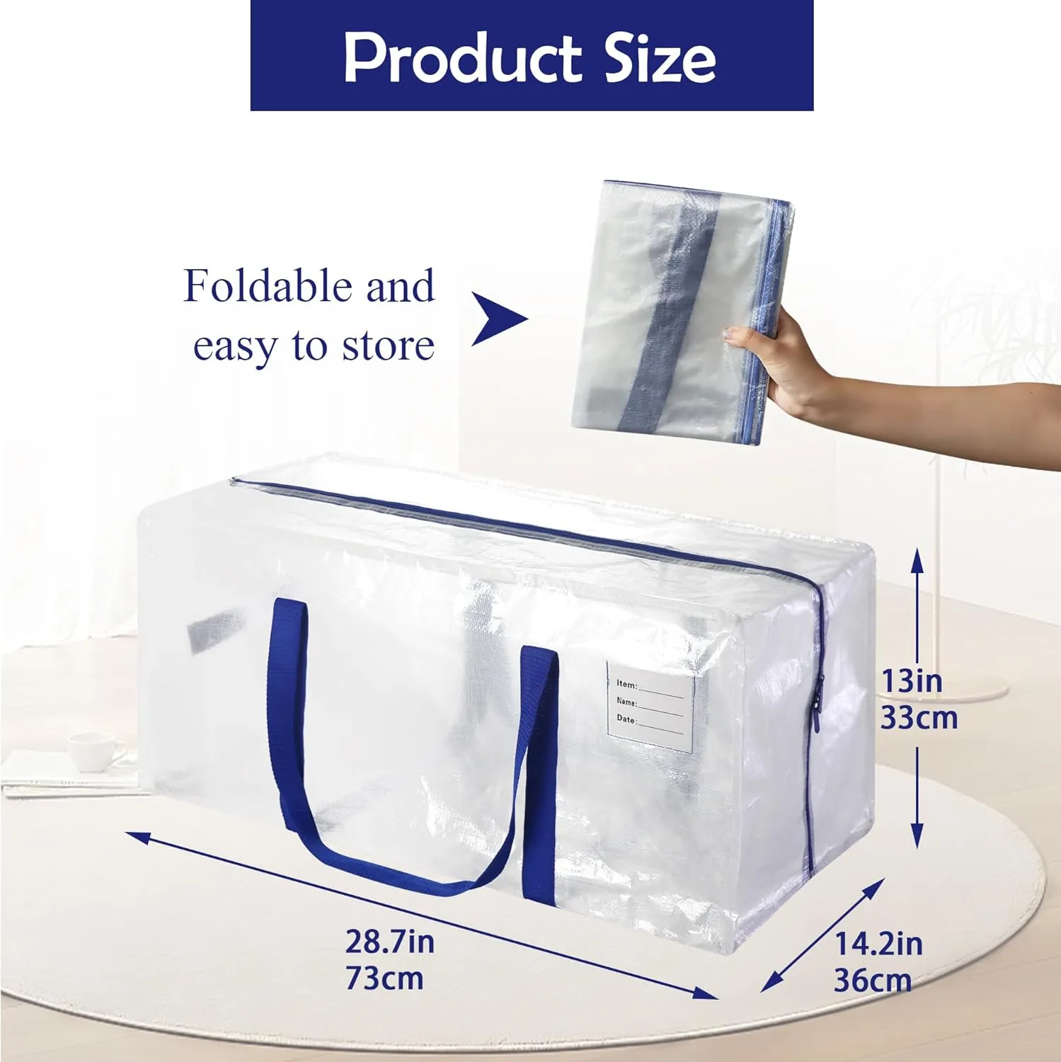 6 Pack Heavy Duty Extra Large Moving Bags with Blue Handles, Waterproof Foldable Storage Totes, Clothing Storage Bags, Packing Moving Boxes for College Supplies & Seasonal Storage, Clear