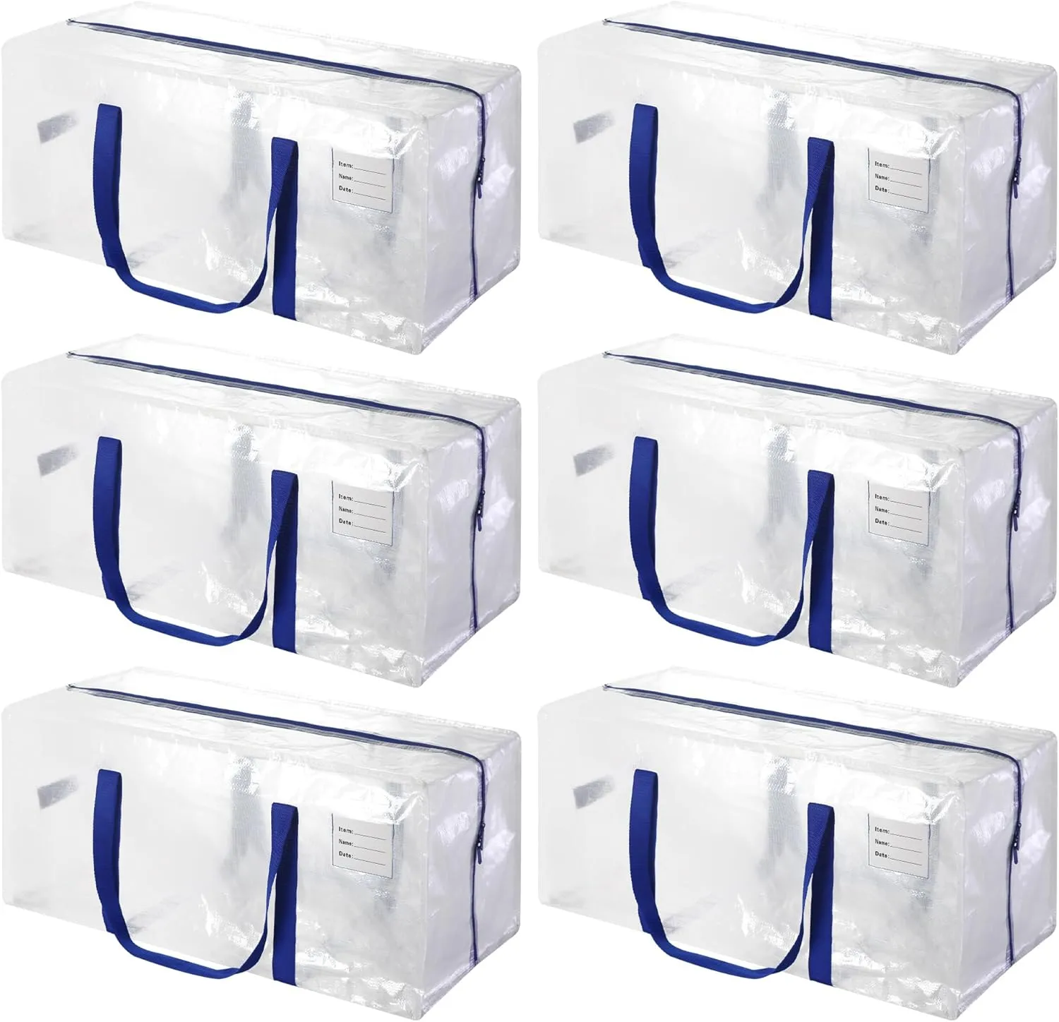 6 Pack Heavy Duty Extra Large Moving Bags with Blue Handles, Waterproof Foldable Storage Totes, Clothing Storage Bags, Packing Moving Boxes for College Supplies & Seasonal Storage, Clear