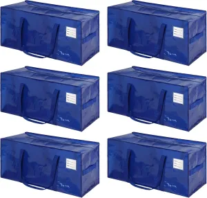6 Pack Heavy Duty Extra Large Moving Bags with Handles, Waterproof Foldable Storage Totes, Clothing Storage Bags, Packing Moving Boxes for College Supplies & Seasonal Storage, Blue