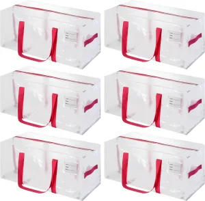 6 Pack Heavy Duty Extra Large Moving Bags with Pink Handles, Waterproof Foldable Storage Totes, Clothing Storage Bags, Packing Moving Boxes for College Supplies & Seasonal Storage, Clear