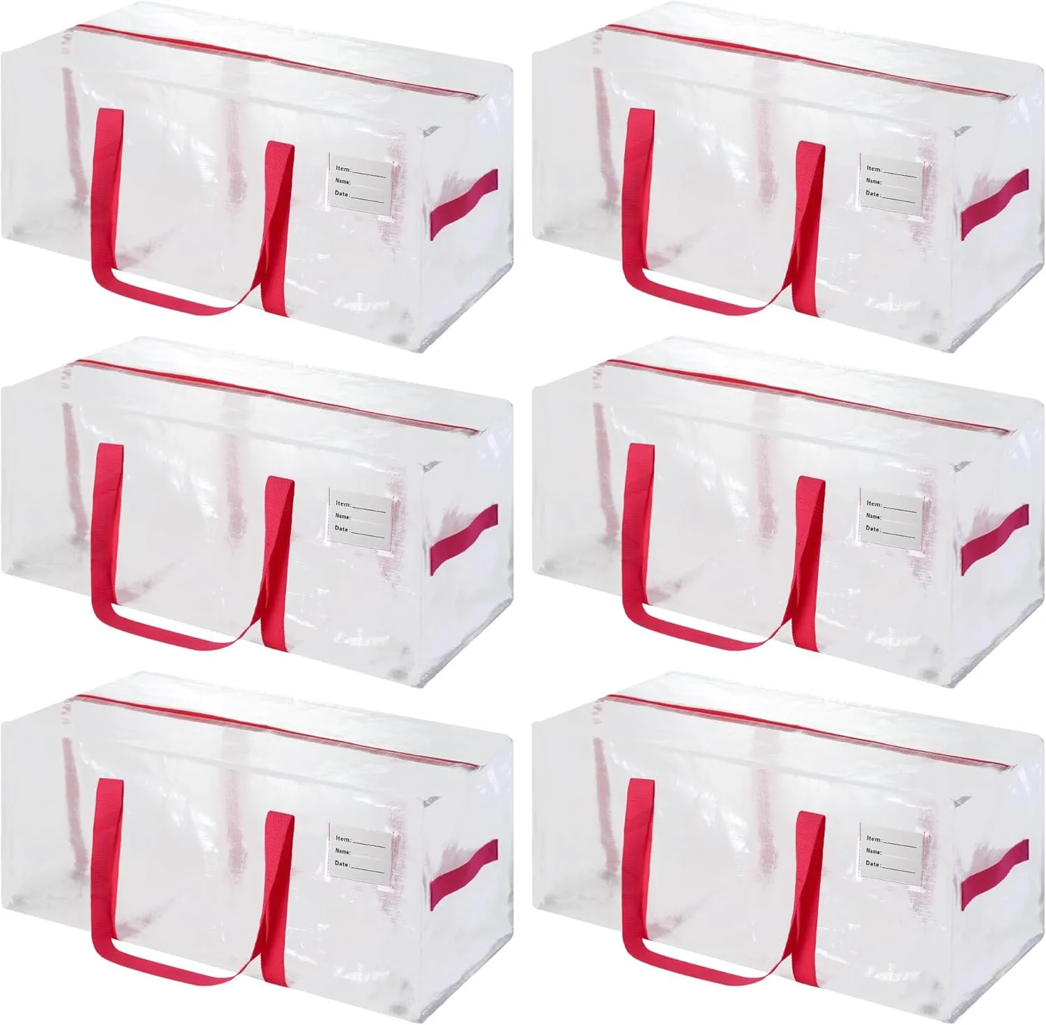 6 Pack Heavy Duty Extra Large Moving Bags with Pink Handles, Waterproof Foldable Storage Totes, Clothing Storage Bags, Packing Moving Boxes for College Supplies & Seasonal Storage, Clear