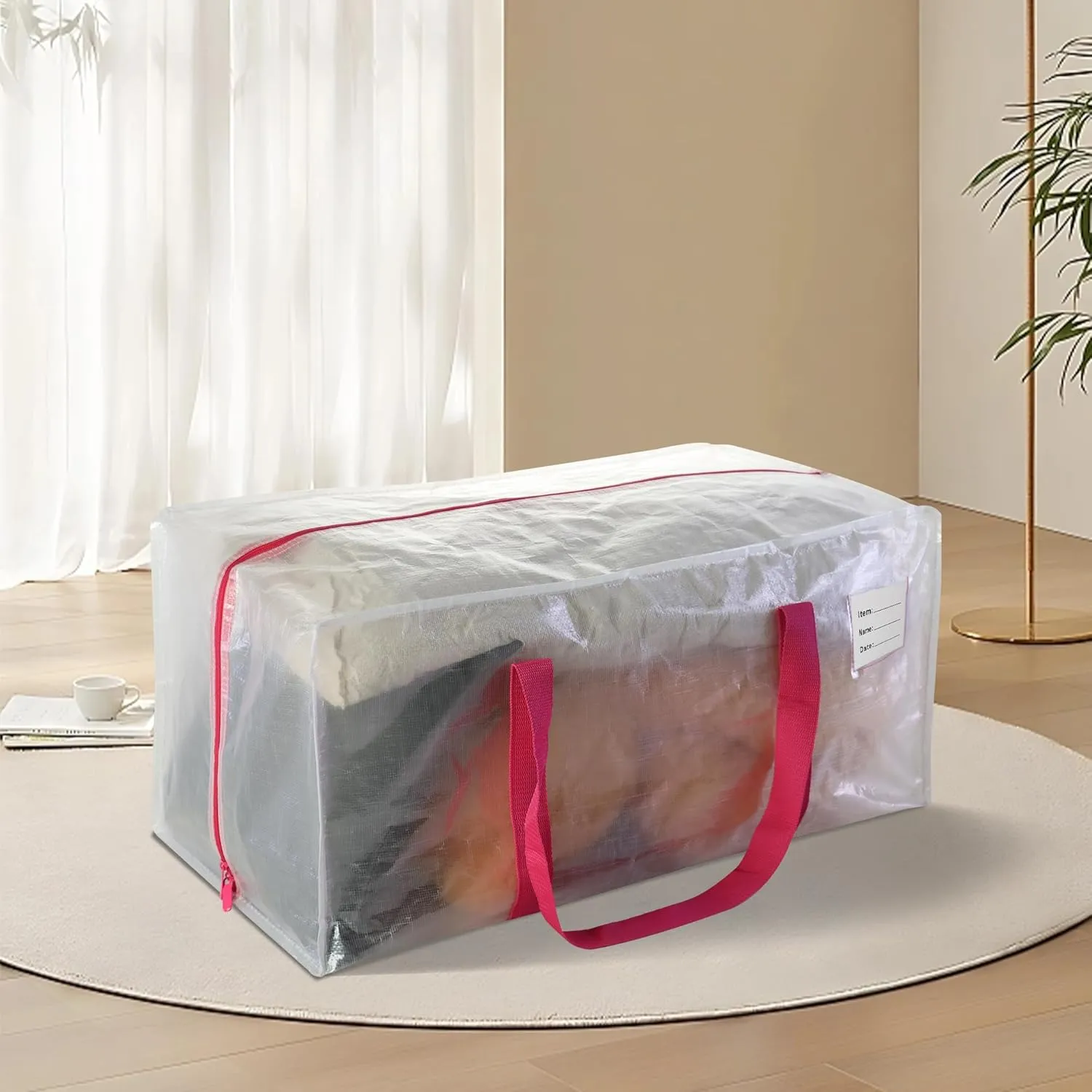 6 Pack Heavy Duty Extra Large Moving Bags with Pink Handles, Waterproof Foldable Storage Totes, Clothing Storage Bags, Packing Moving Boxes for College Supplies & Seasonal Storage, Clear