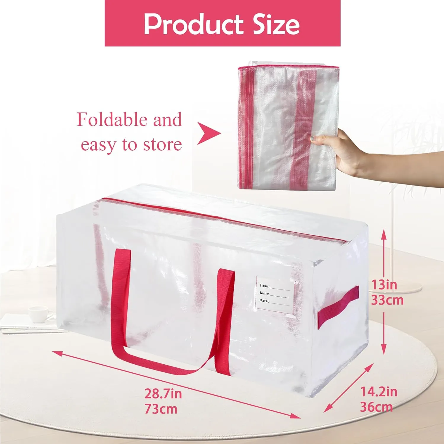 6 Pack Heavy Duty Extra Large Moving Bags with Pink Handles, Waterproof Foldable Storage Totes, Clothing Storage Bags, Packing Moving Boxes for College Supplies & Seasonal Storage, Clear