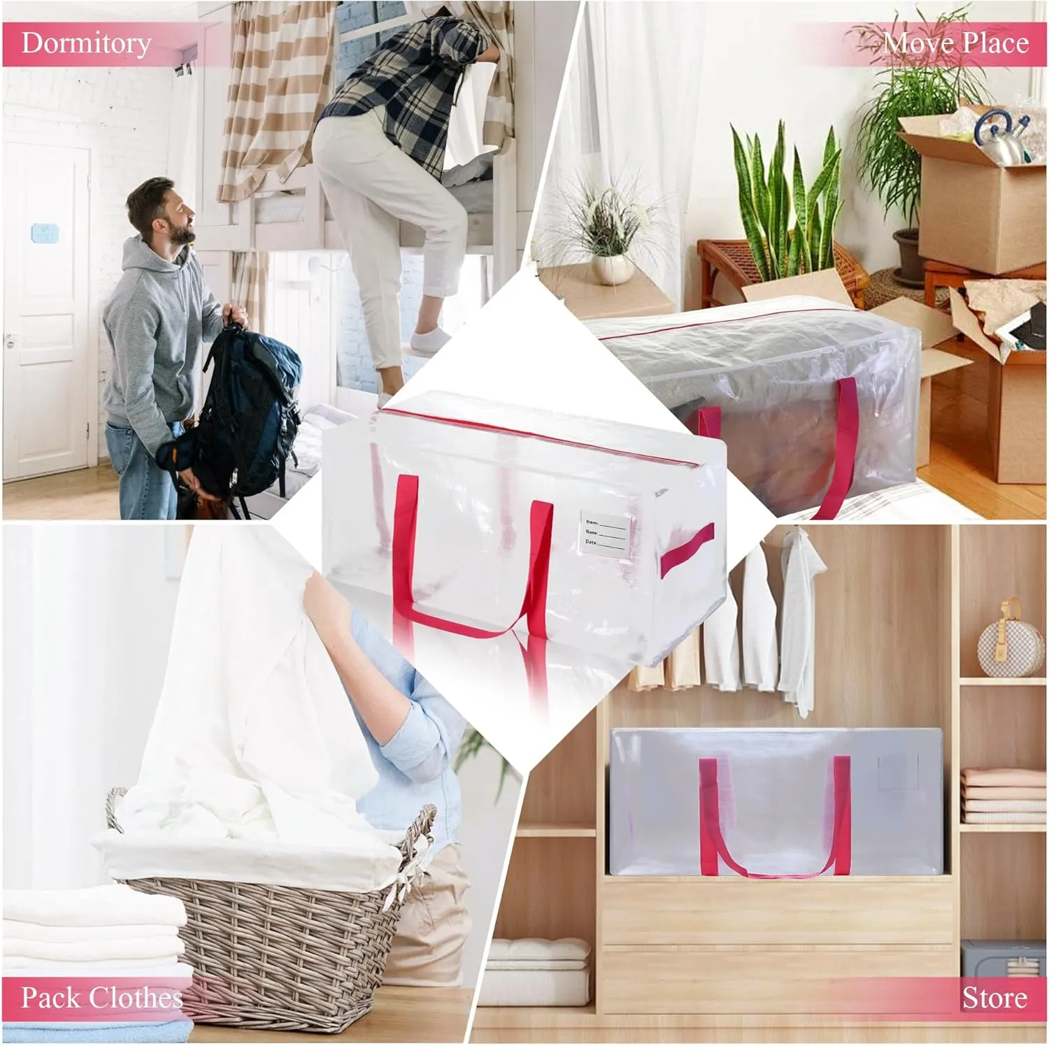 6 Pack Heavy Duty Extra Large Moving Bags with Pink Handles, Waterproof Foldable Storage Totes, Clothing Storage Bags, Packing Moving Boxes for College Supplies & Seasonal Storage, Clear