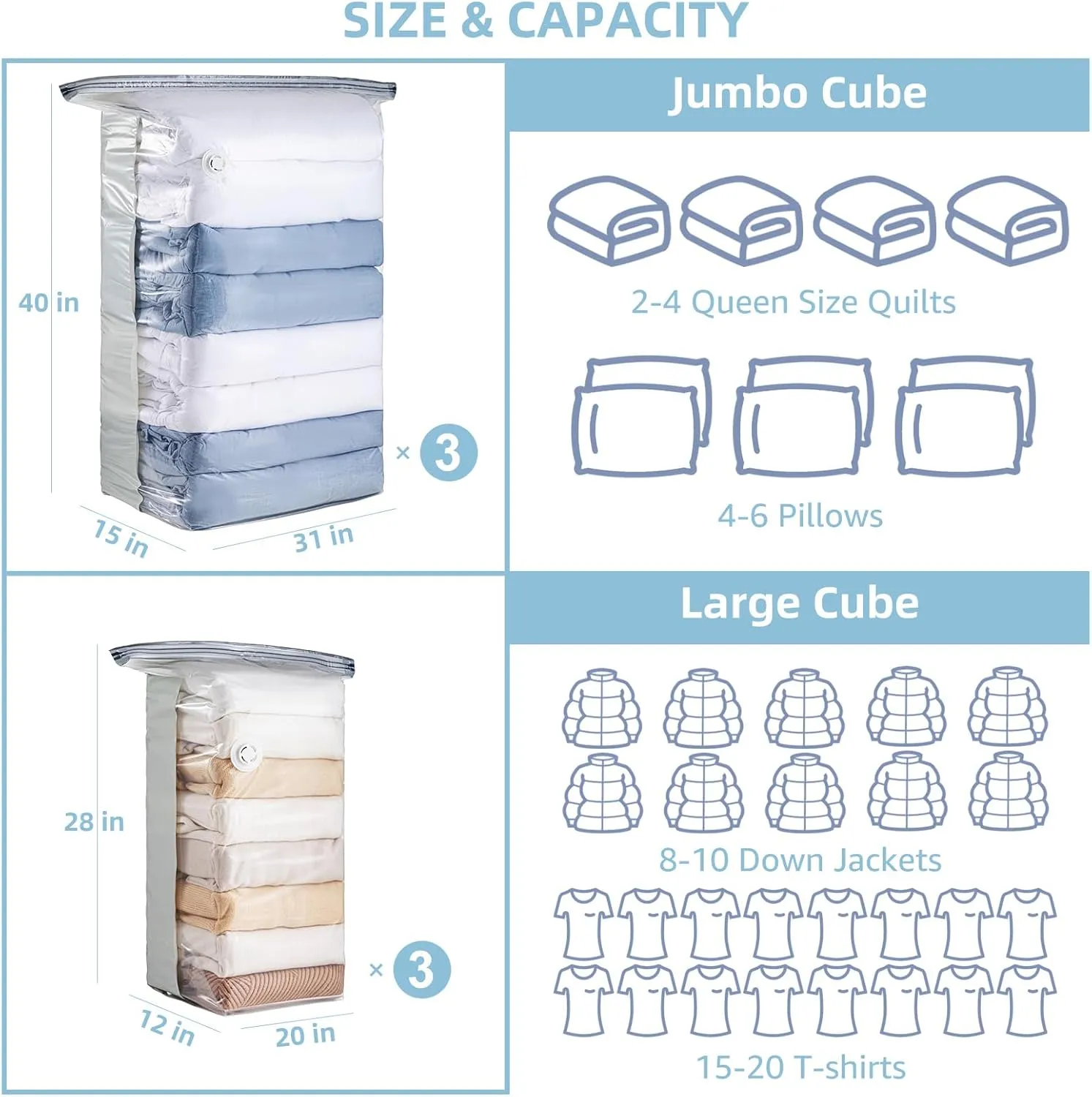 6 Pack Vacuum Storage Bags, Cube Combo (3 Jumbo 3 Medium), Vacuum Seal Bags for Clothing, Bedding, Blanket, Space Saving Closet Organization