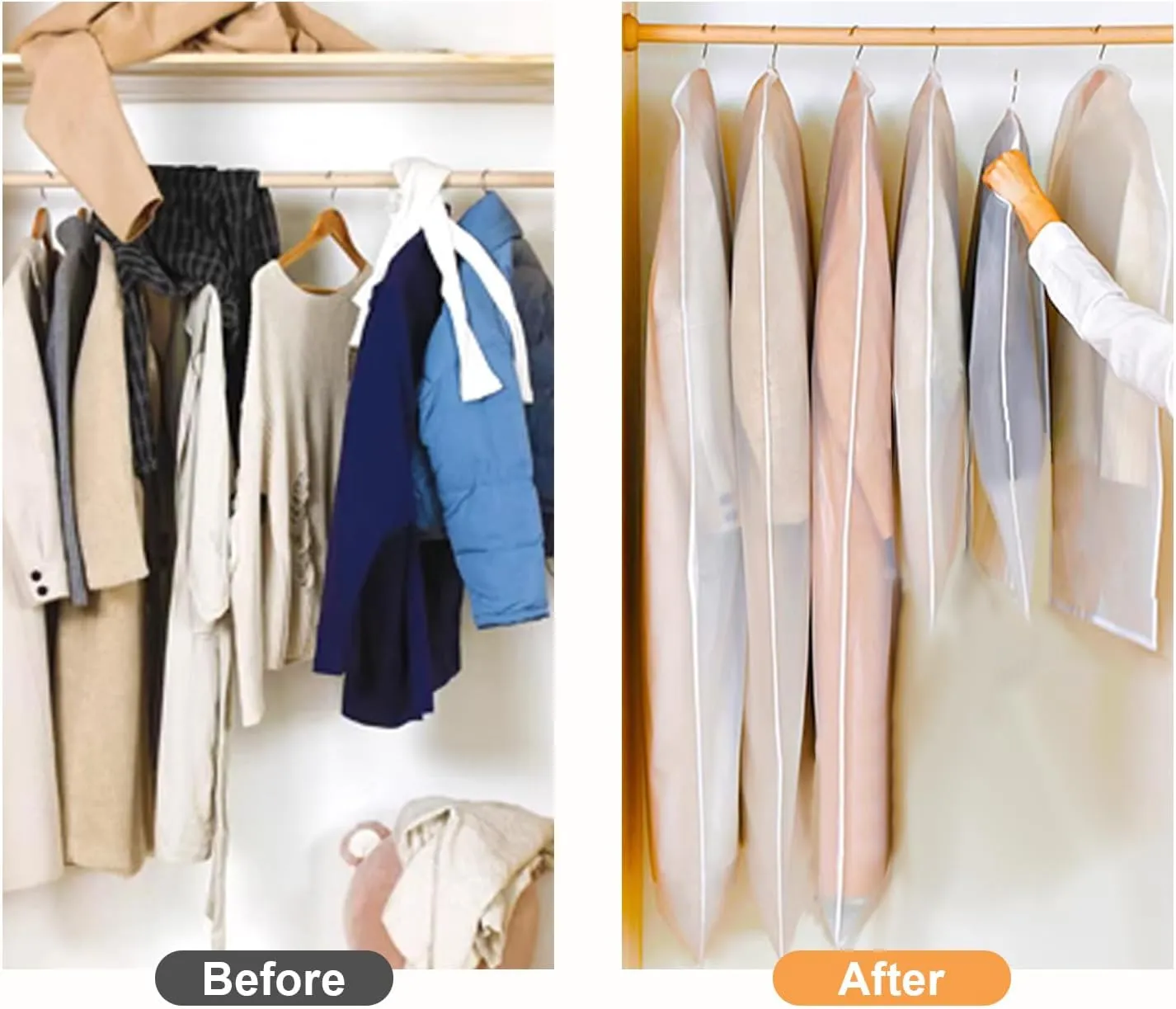 6 Packs Dress Bags, 60 Inches Garments Bags for Storage, Suit Cover Protecting Dusts with Zipper, Hanging Clothes Cover Dress Bags for Suits, Coats - Clear