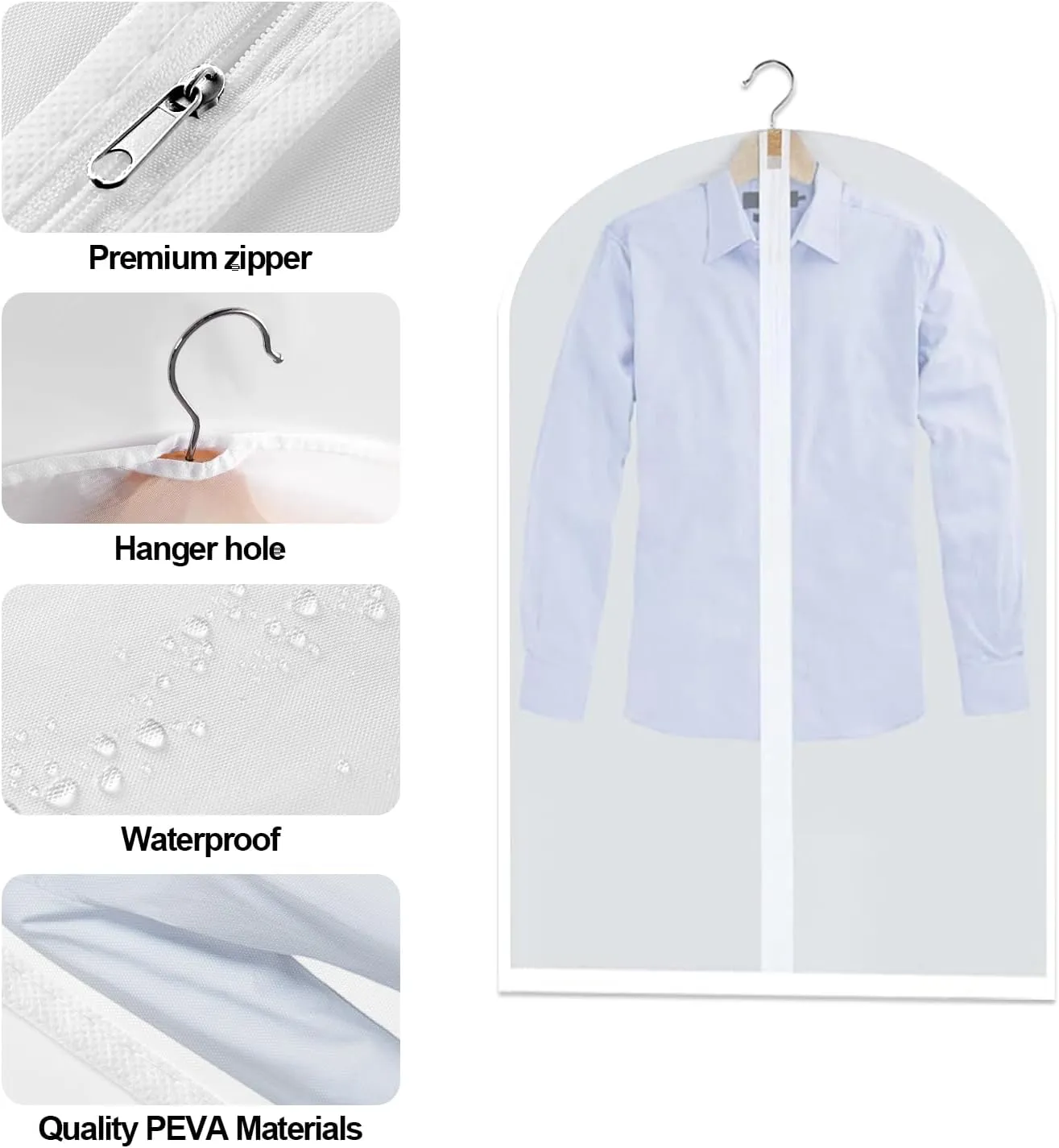 6 Packs Dress Bags, 60 Inches Garments Bags for Storage, Suit Cover Protecting Dusts with Zipper, Hanging Clothes Cover Dress Bags for Suits, Coats - Clear