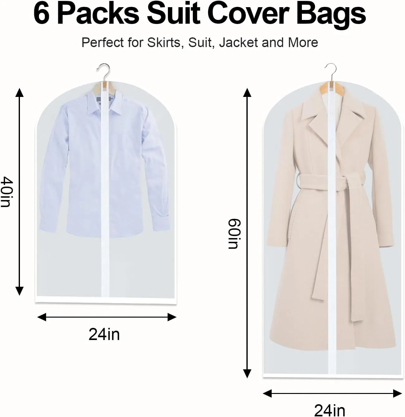 6 Packs Dress Bags, 60 Inches Garments Bags for Storage, Suit Cover Protecting Dusts with Zipper, Hanging Clothes Cover Dress Bags for Suits, Coats - Clear