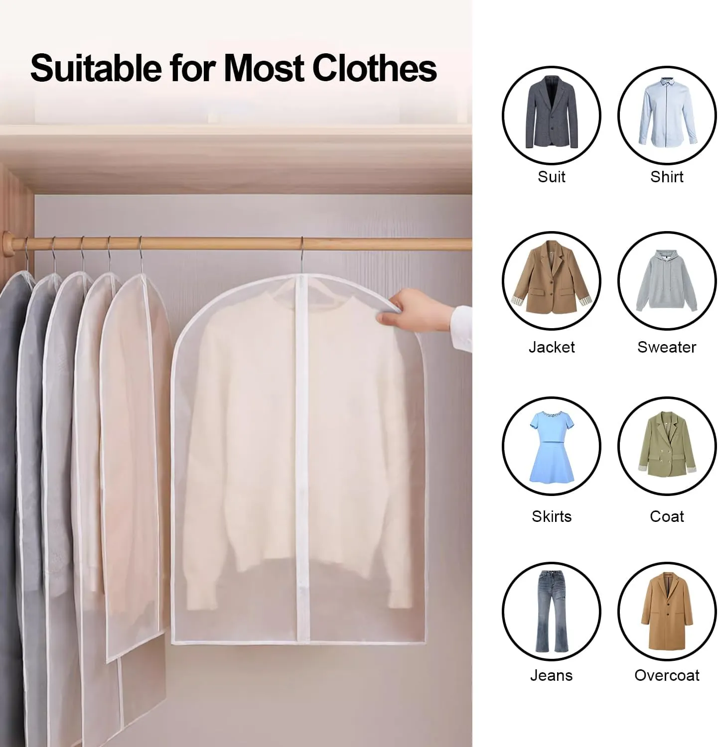 6 Packs Dress Bags, 60 Inches Garments Bags for Storage, Suit Cover Protecting Dusts with Zipper, Hanging Clothes Cover Dress Bags for Suits, Coats - Clear