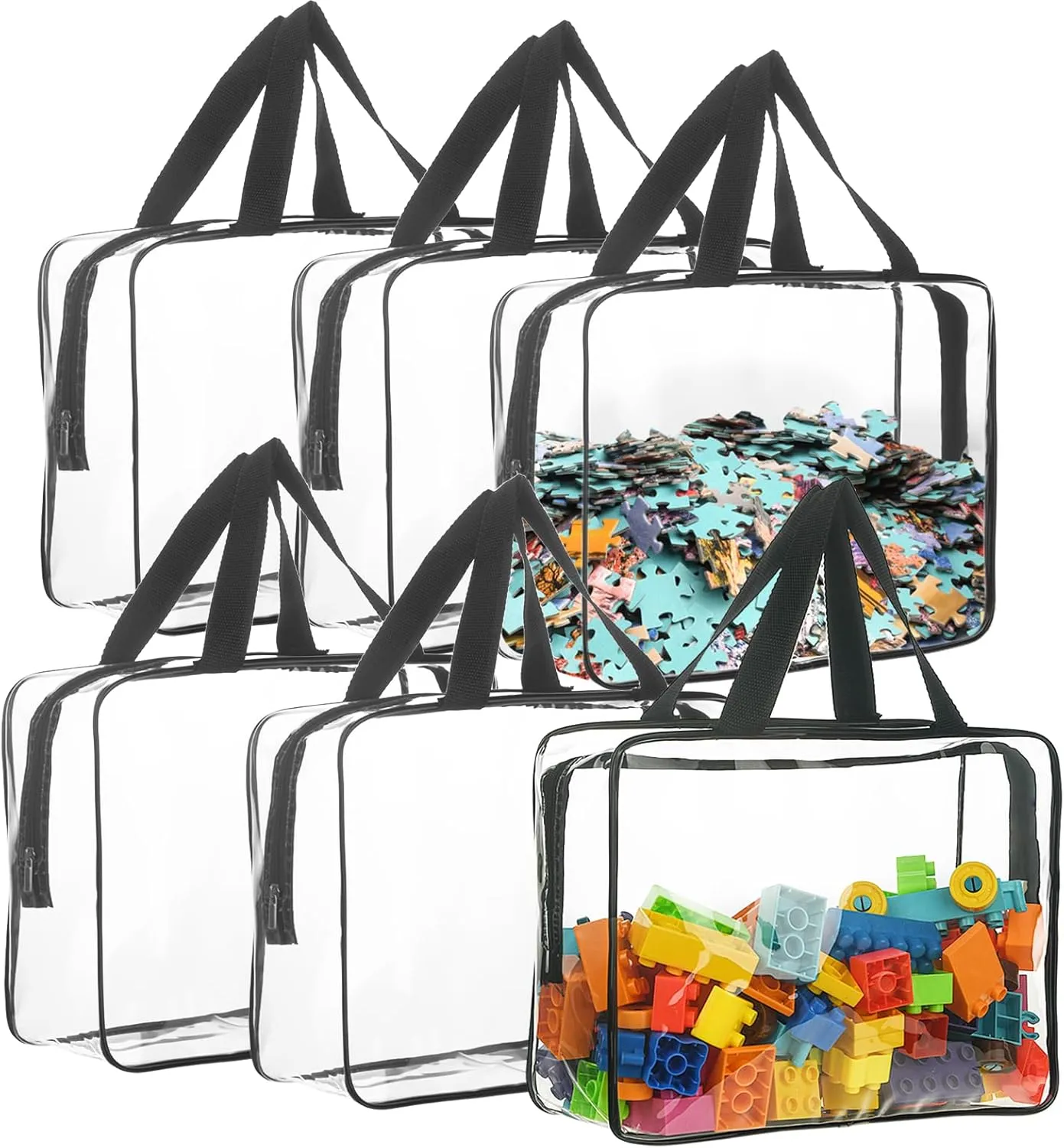 6 Packs Large Toy Storage Bags Clear PVC Organizing Bags With Zipper Travel Waterproof Organizer for Board Games, Building Blocks, Puzzles, Toys, Kids Books